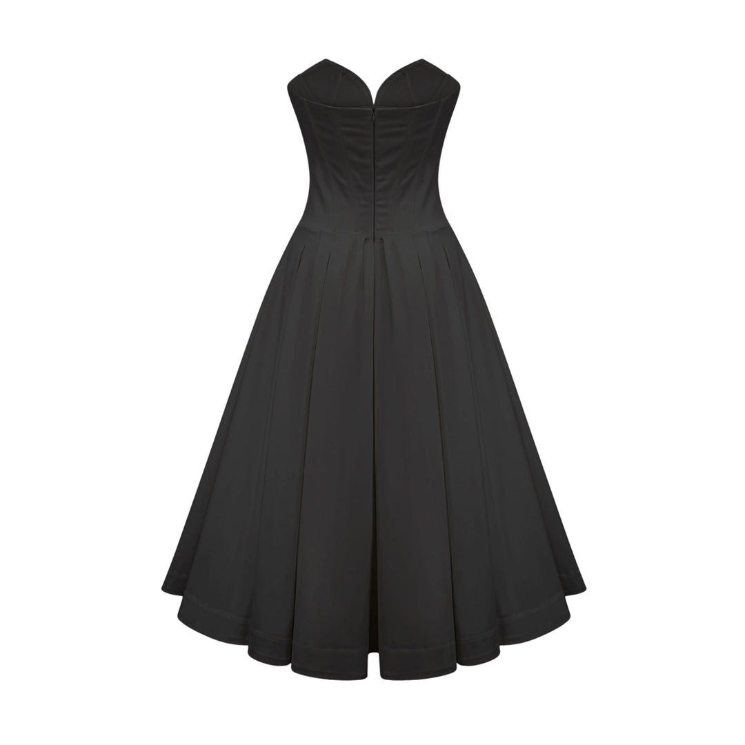 Women's Black Midi Dress – Corset Bodice Strapless Pleated
