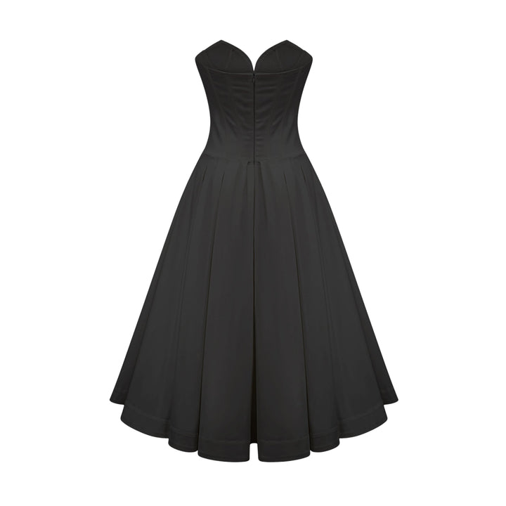Women's Black Midi Dress – Corset Bodice Strapless Pleated