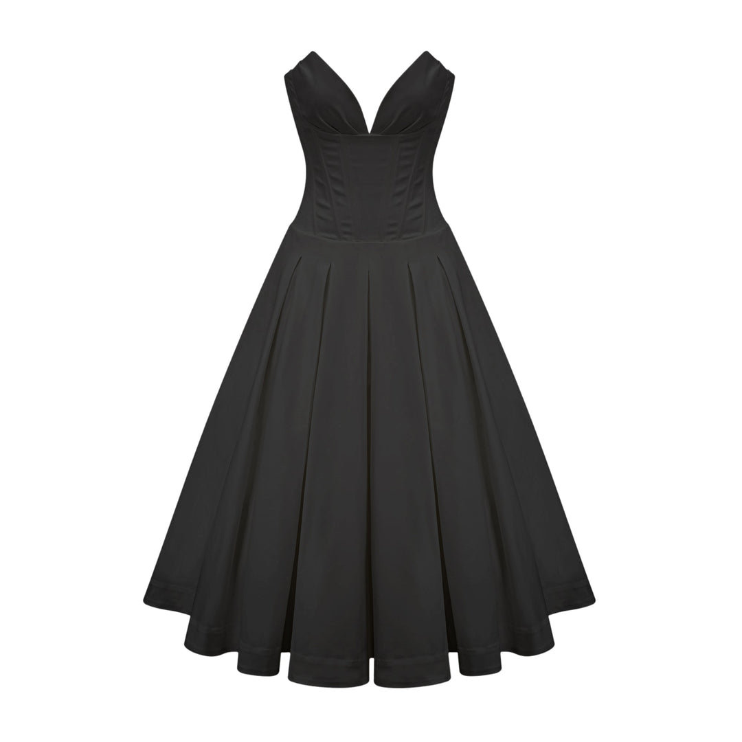 Women's Black Midi Dress – Corset Bodice Strapless Pleated