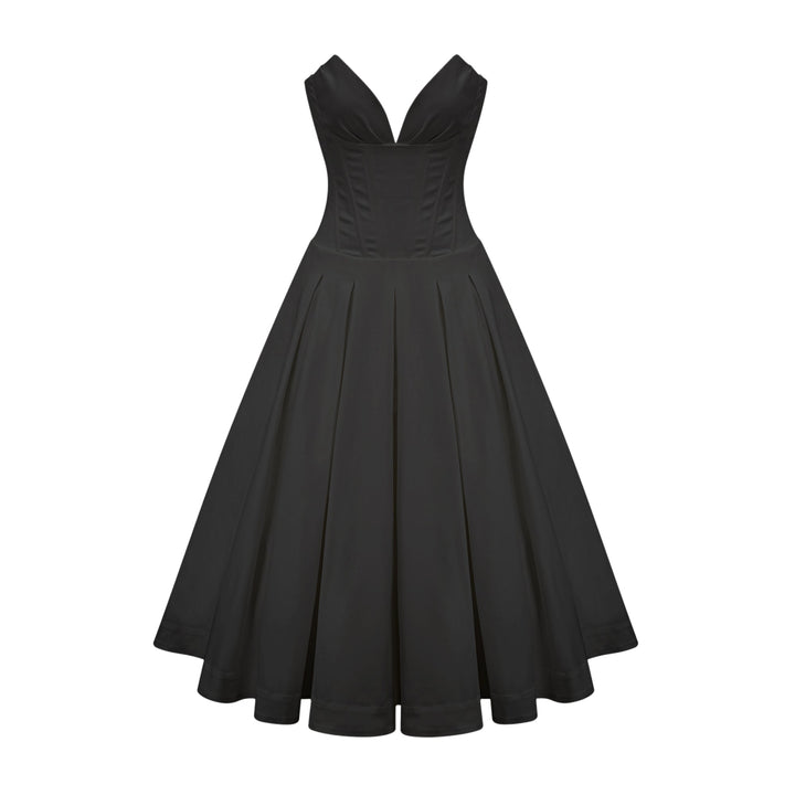 Women's Black Midi Dress – Corset Bodice Strapless Pleated