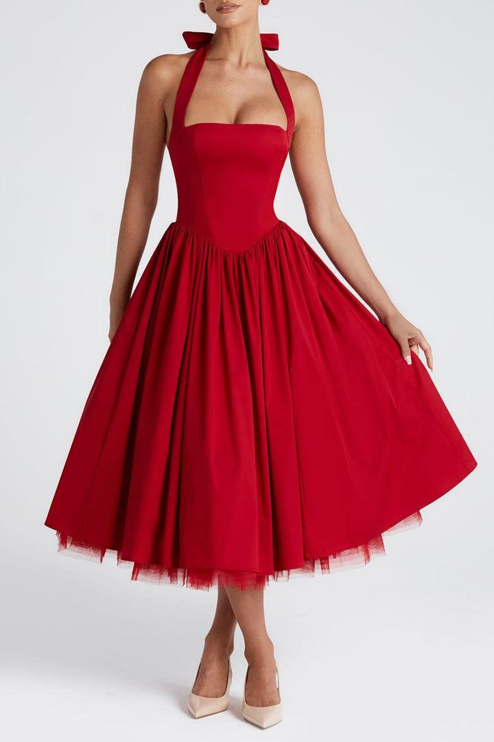 Women's Elegant Halter Midi Dress - Structured Occasion Style