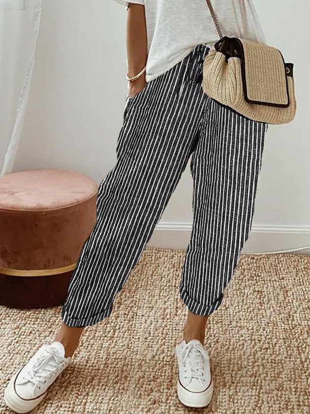 Women's Wide Leg - Linen Trousers Elasticated Waist