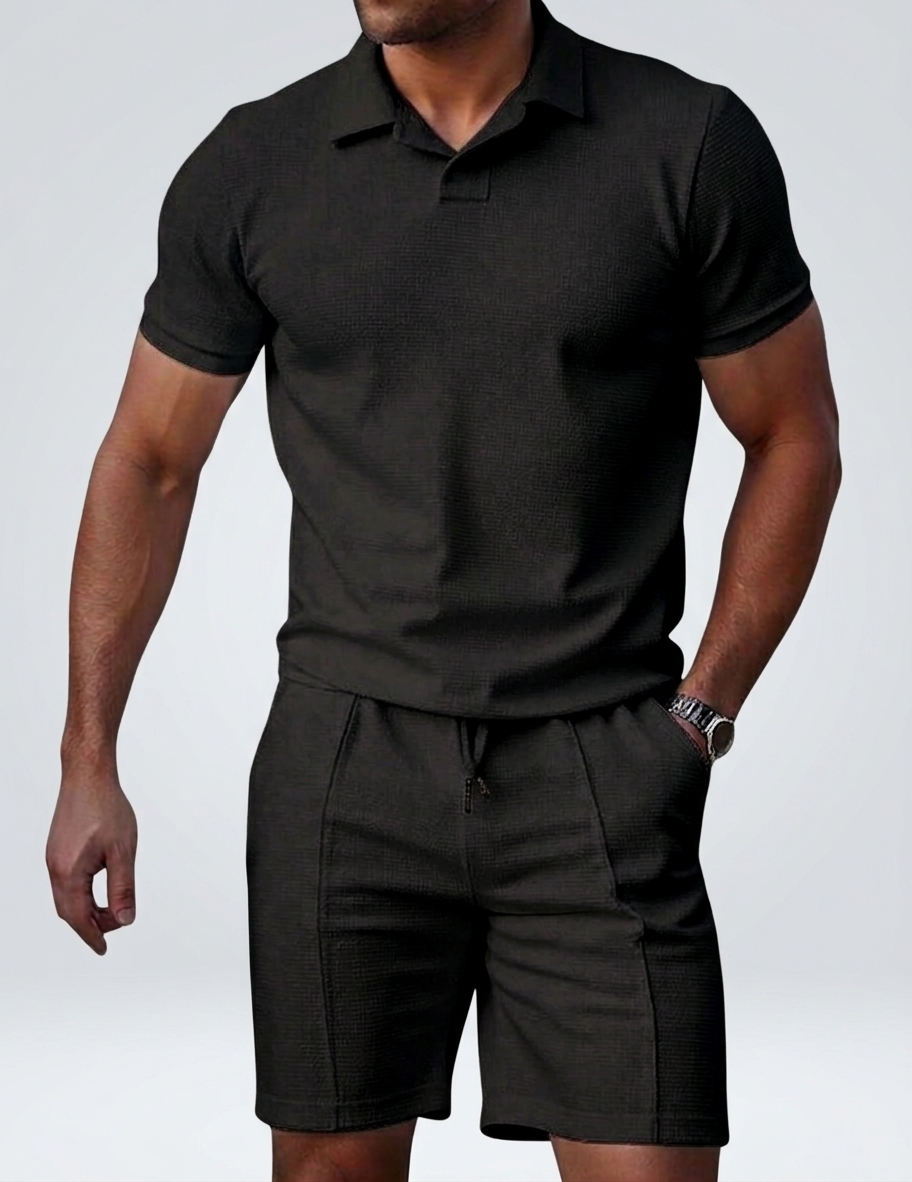 Men’s Textured Polo & Shorts Set - Slim Fit Breathable