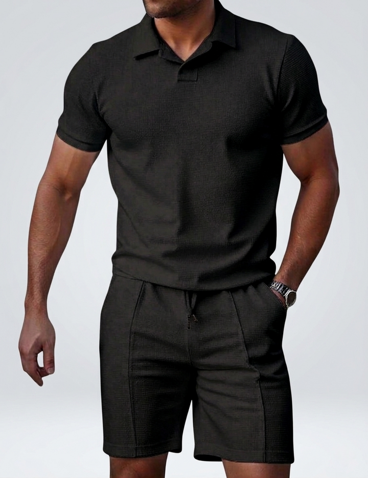 Men’s Textured Polo & Shorts Set - Slim Fit Breathable