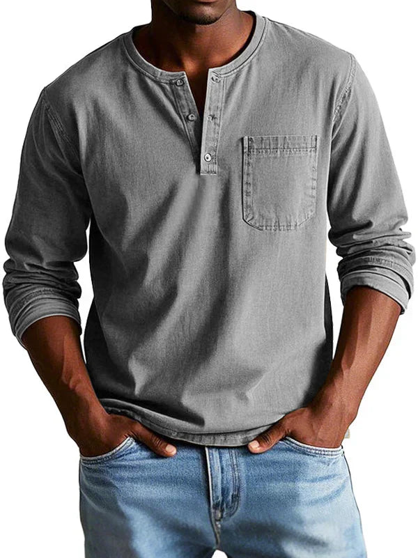 Men's Long Sleeve Cotton - Henley Shirt Smart Casual