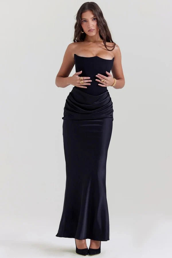 Strapless Corset Dress - Satin Ruched Maxi Wedding Guest