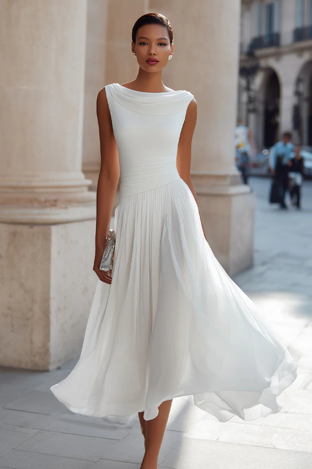 Women's Pleated Wedding Guest Midi Dress - Sleeveless