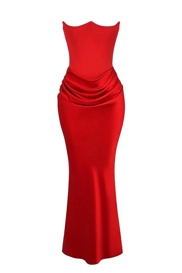 Strapless Corset Dress - Satin Ruched Maxi Wedding Guest