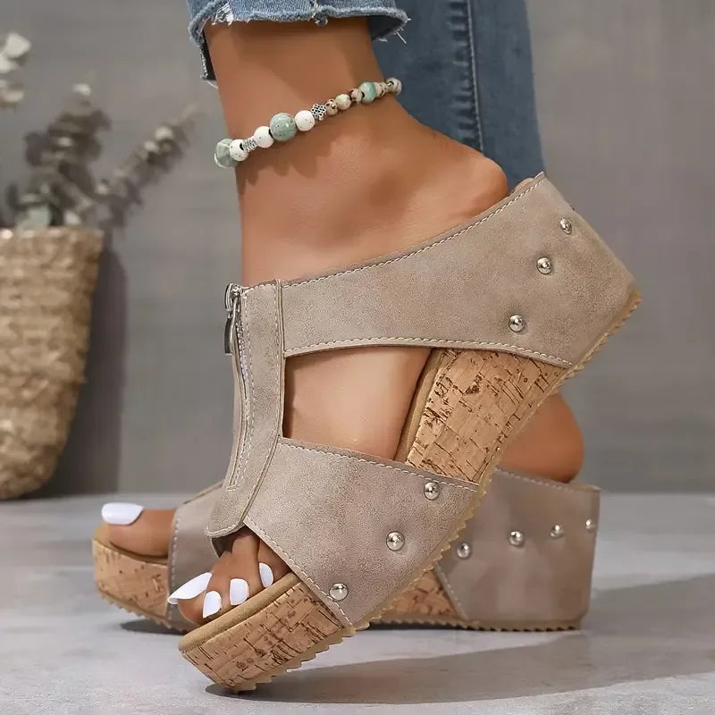 Orthopedic Wedge Sandal - Zip Fastening Wide Fit Arch Support