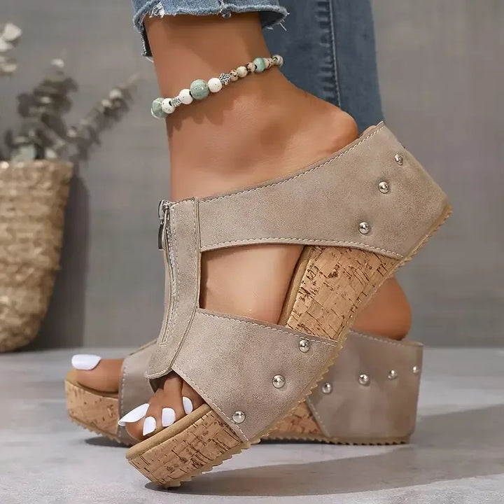 Orthopedic Wedge Sandal - Zip Fastening Wide Fit Arch Support