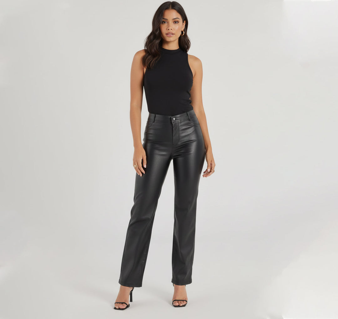 Women’s Black Faux Leather Pants – High Rise Slim Fit Straight Leg