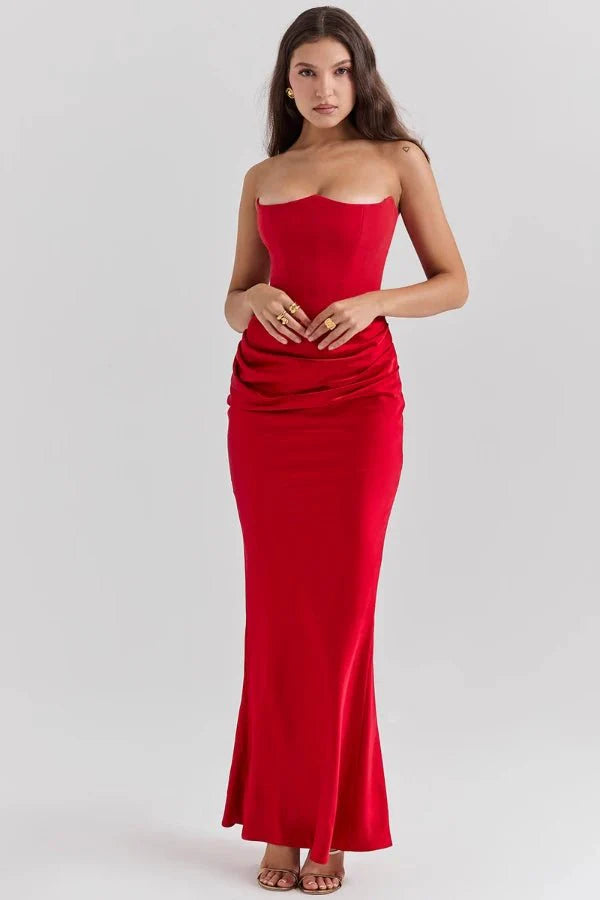 Strapless Corset Dress - Satin Ruched Maxi Wedding Guest