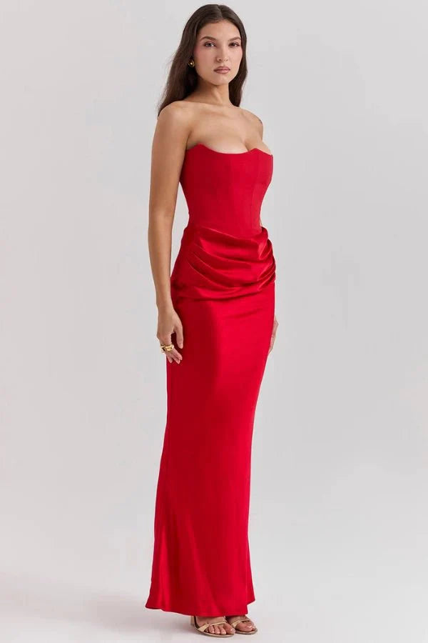 Strapless Corset Dress - Satin Ruched Maxi Wedding Guest