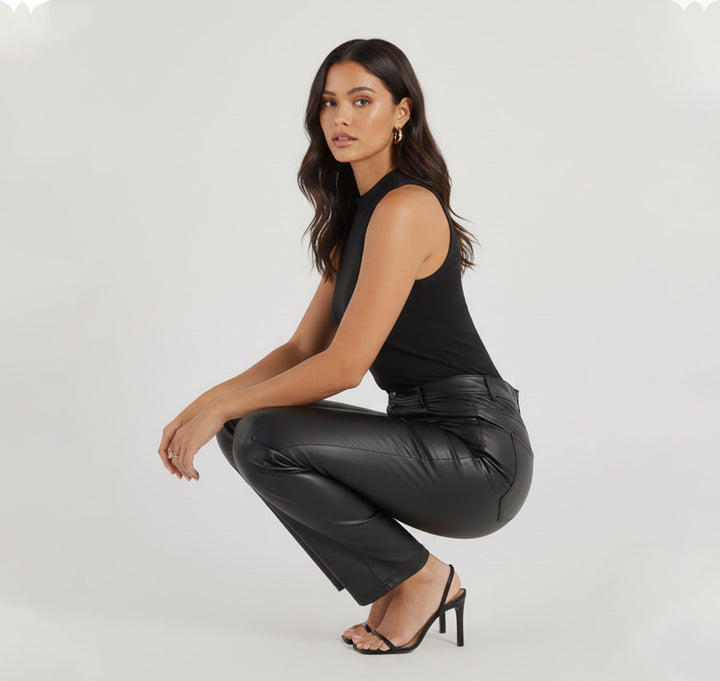 Women’s Black Faux Leather Pants – High Rise Slim Fit Straight Leg
