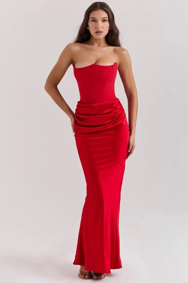 Strapless Corset Dress - Satin Ruched Maxi Wedding Guest