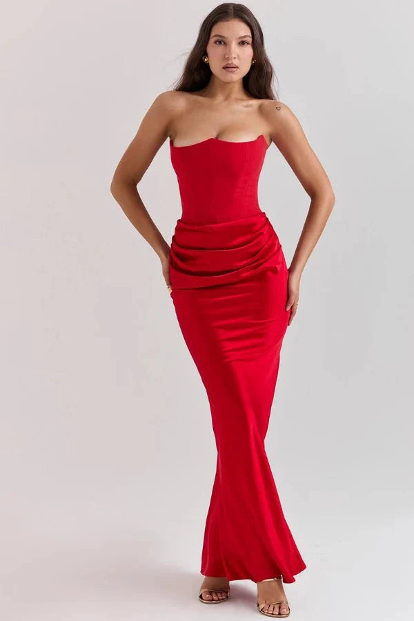 Strapless Corset Dress - Satin Ruched Maxi Wedding Guest