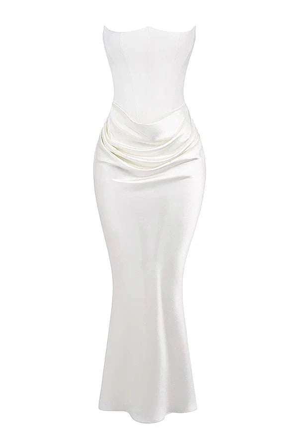 Strapless Corset Dress - Satin Ruched Maxi Wedding Guest