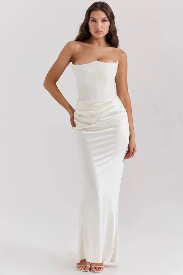 Strapless Corset Dress - Satin Ruched Maxi Wedding Guest