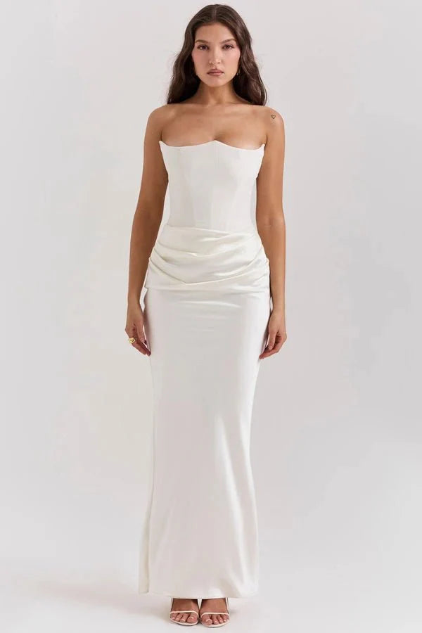 Strapless Corset Dress - Satin Ruched Maxi Wedding Guest