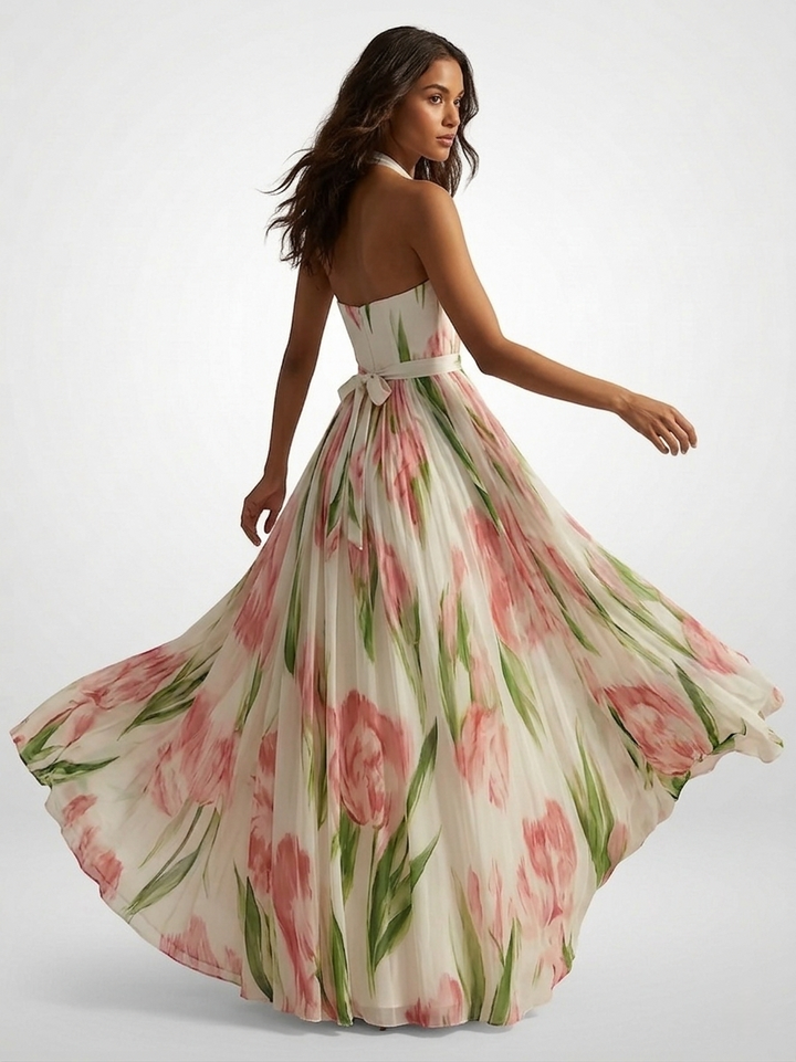 Women's Chiffon Halter Maxi Dress – Floral Watercolor Print