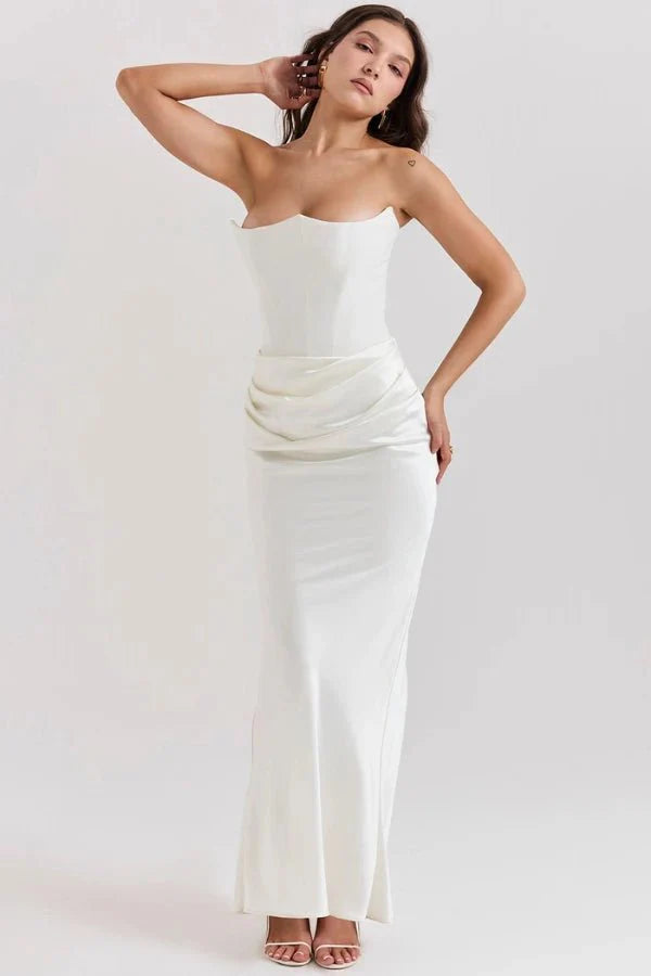 Strapless Corset Dress - Satin Ruched Maxi Wedding Guest
