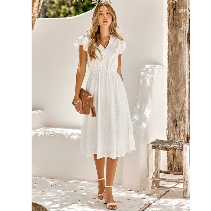 A-Line Midi Dress - Flutter Sleeve High Waist Wedding Guest