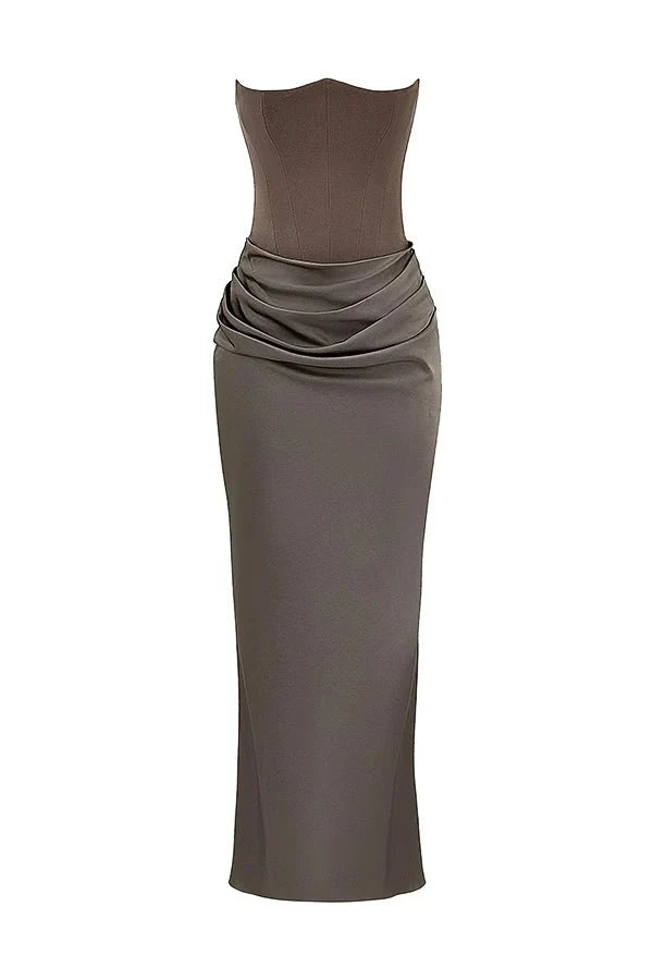 Strapless Corset Dress - Satin Ruched Maxi Wedding Guest