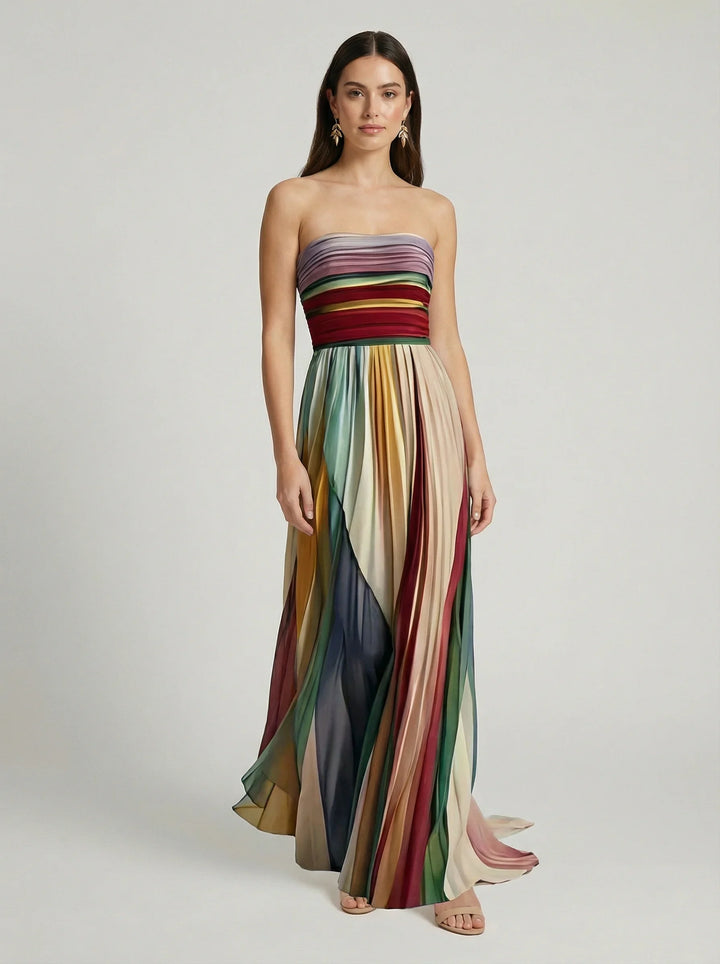 Strapless Pleated Maxi Dress Wedding Guest - Colour Block