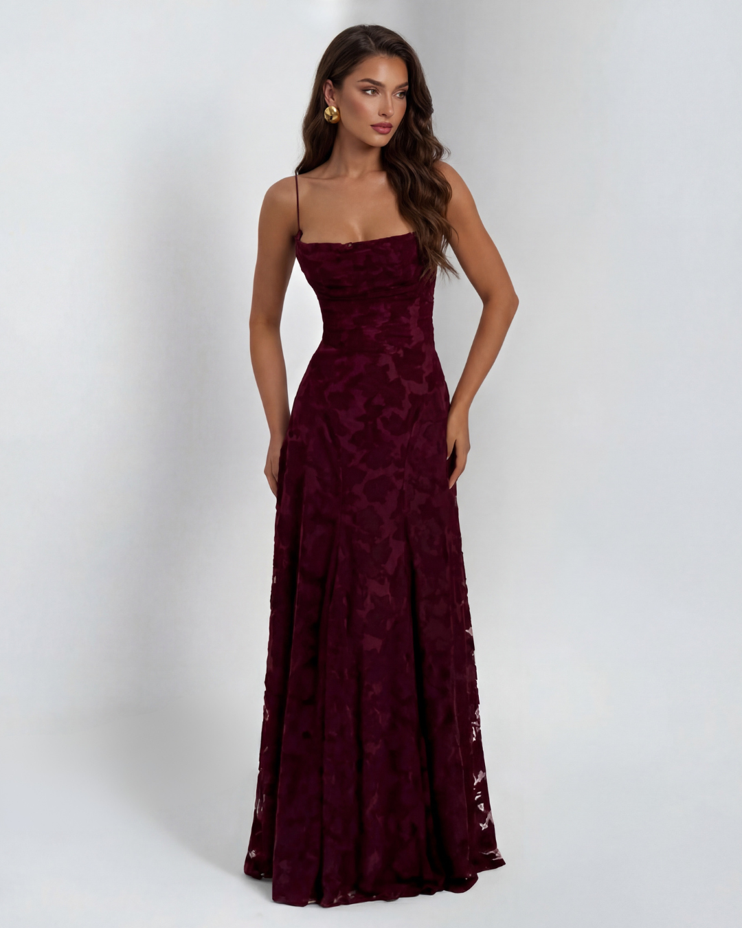 Lace Maxi Dress - Wedding Guest Straight Neck Floor Length