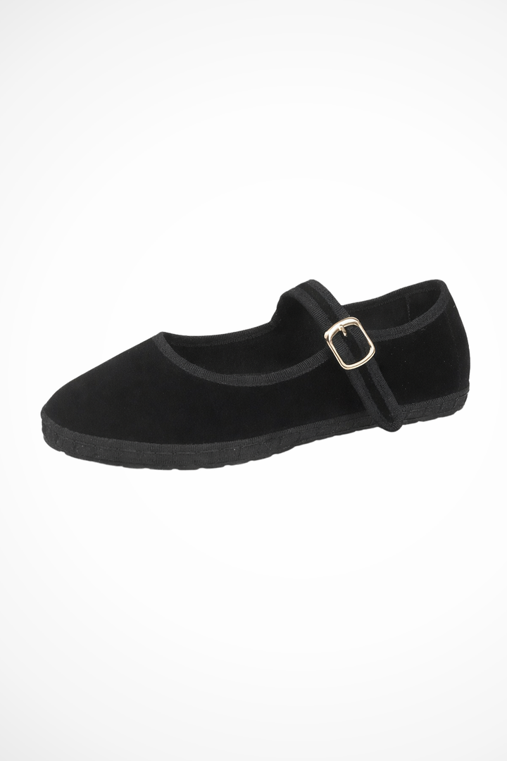 Velvet Mary Jane Ballet Flats - Buckle Strap Round Toe
