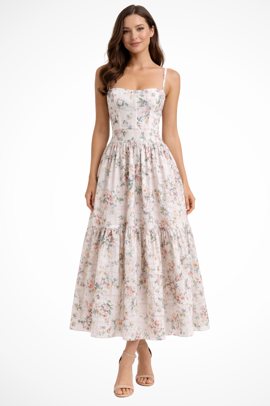 Women’s Floral Linen Midi Dress - Tiered Elegant Summer Wedding Guest Fit