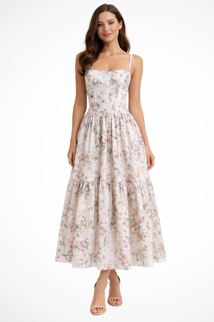Women’s Floral Linen Midi Dress - Tiered Elegant Summer Wedding Guest Fit
