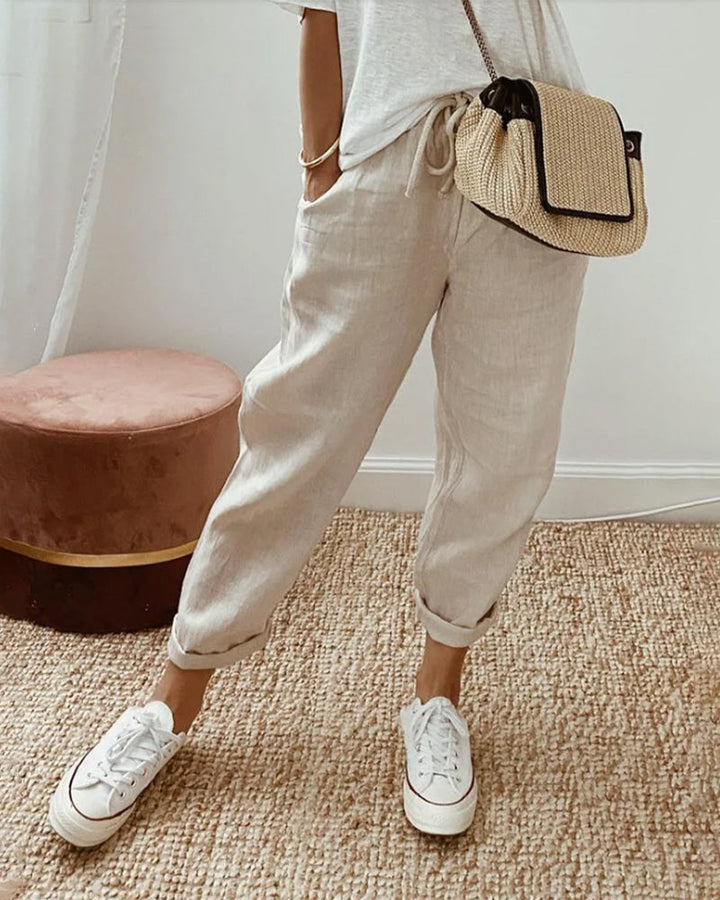 Women's Wide Leg - Linen Trousers Elasticated Waist
