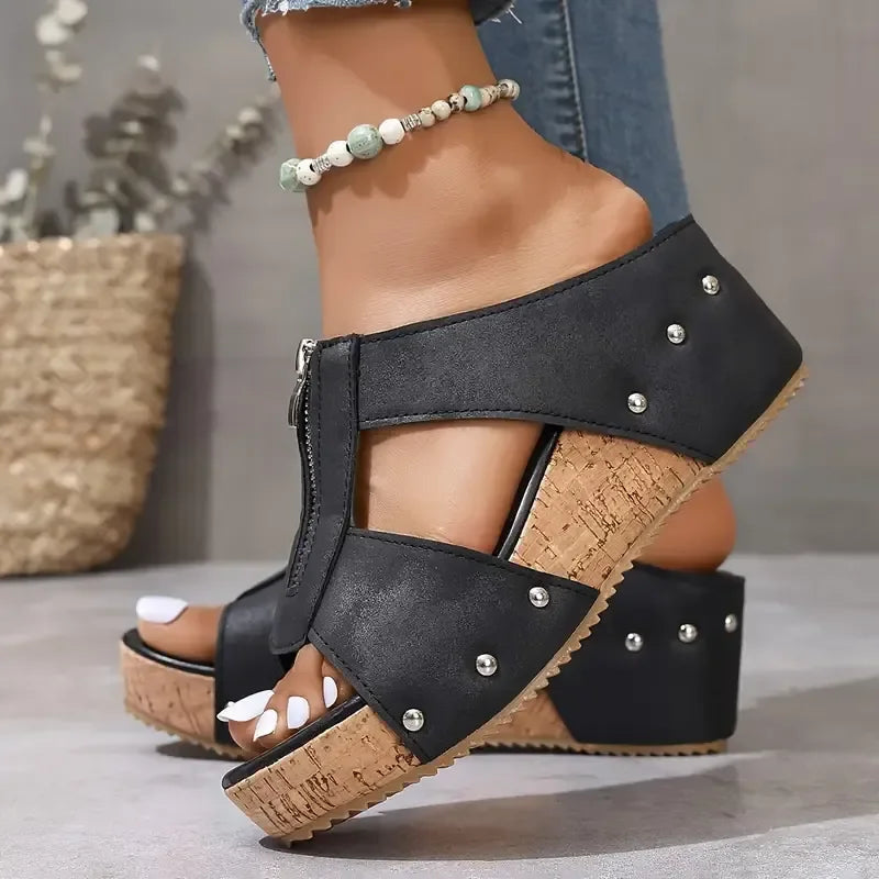 Orthopedic Wedge Sandal - Zip Fastening Wide Fit Arch Support