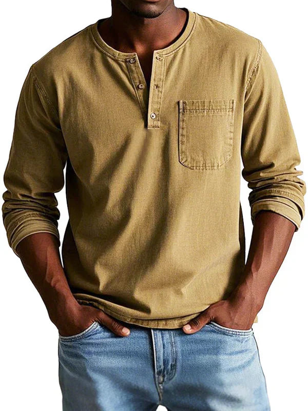 Men's Long Sleeve Cotton - Henley Shirt Smart Casual