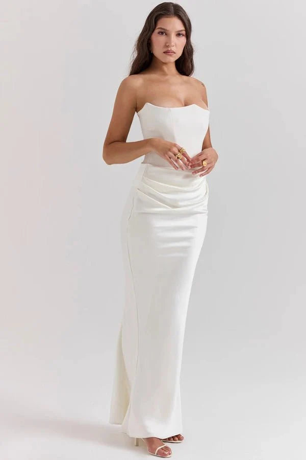 Strapless Corset Dress - Satin Ruched Maxi Wedding Guest