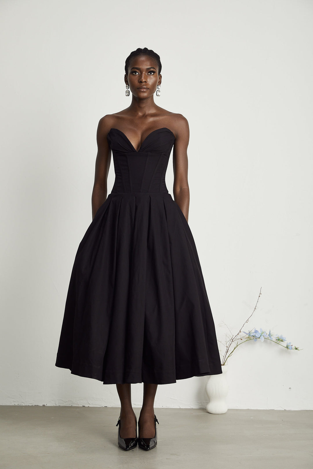 Women's Black Midi Dress – Corset Bodice Strapless Pleated