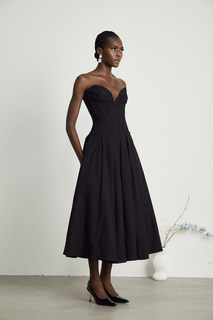 Women's Black Midi Dress – Corset Bodice Strapless Pleated