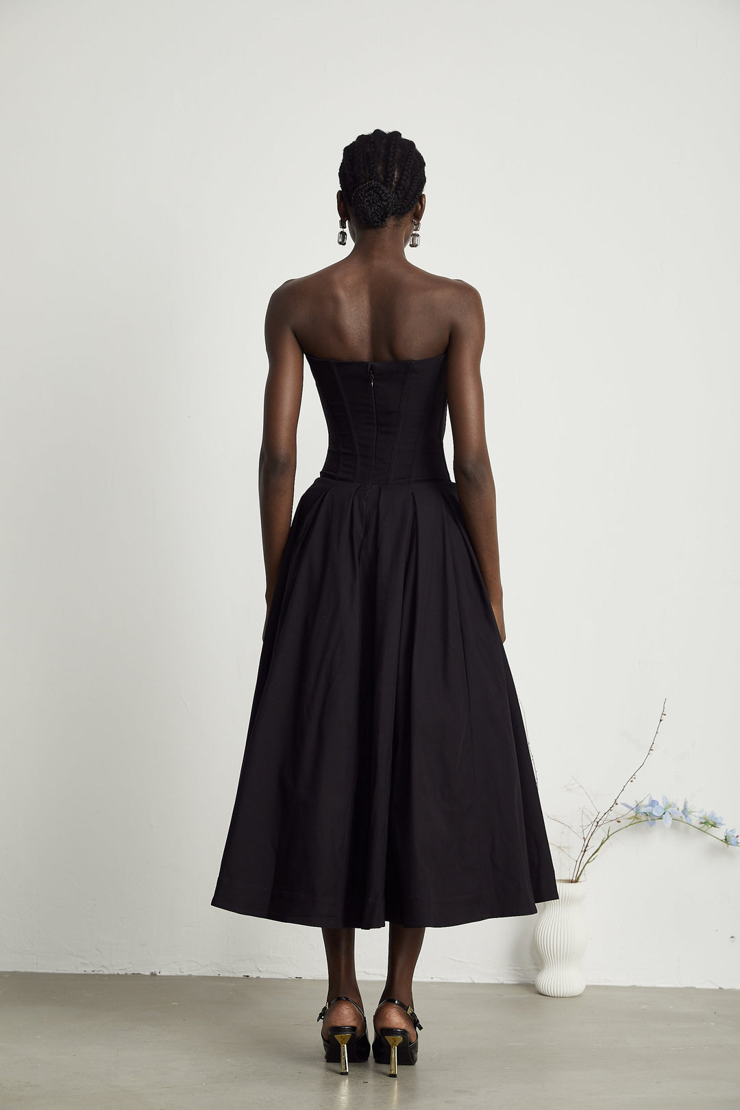 Women's Black Midi Dress – Corset Bodice Strapless Pleated