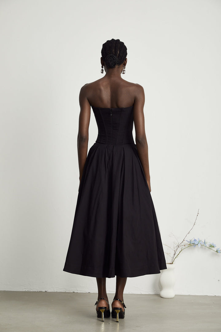 Women's Black Midi Dress – Corset Bodice Strapless Pleated