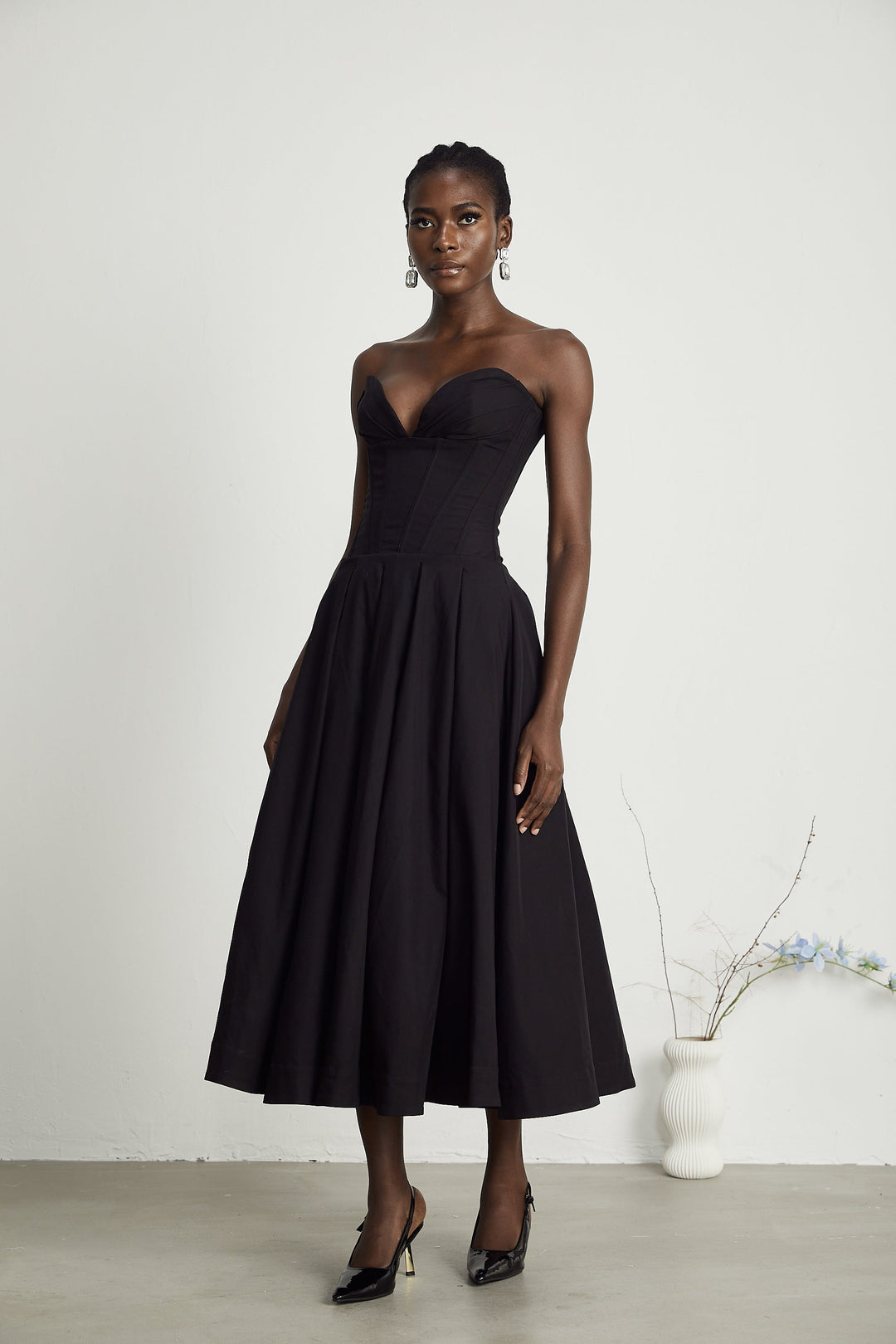 Women's Black Midi Dress – Corset Bodice Strapless Pleated