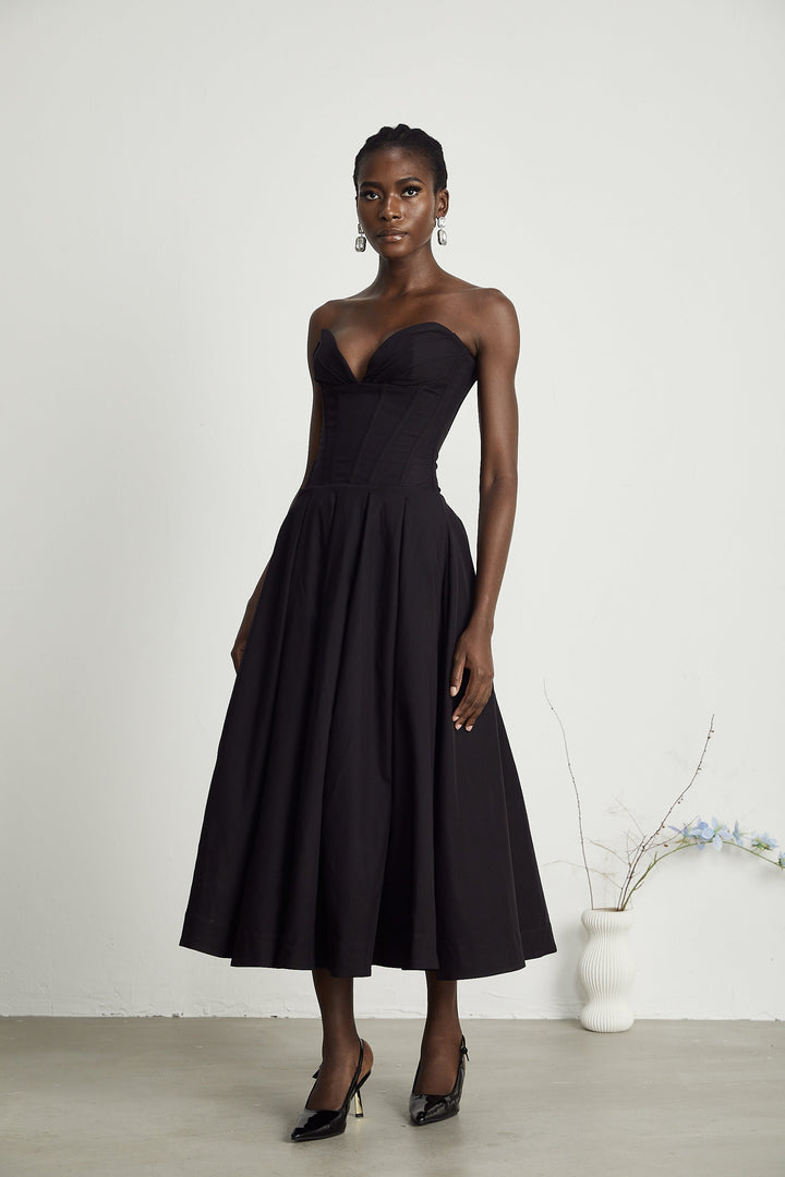 Women's Black Midi Dress – Corset Bodice Strapless Pleated