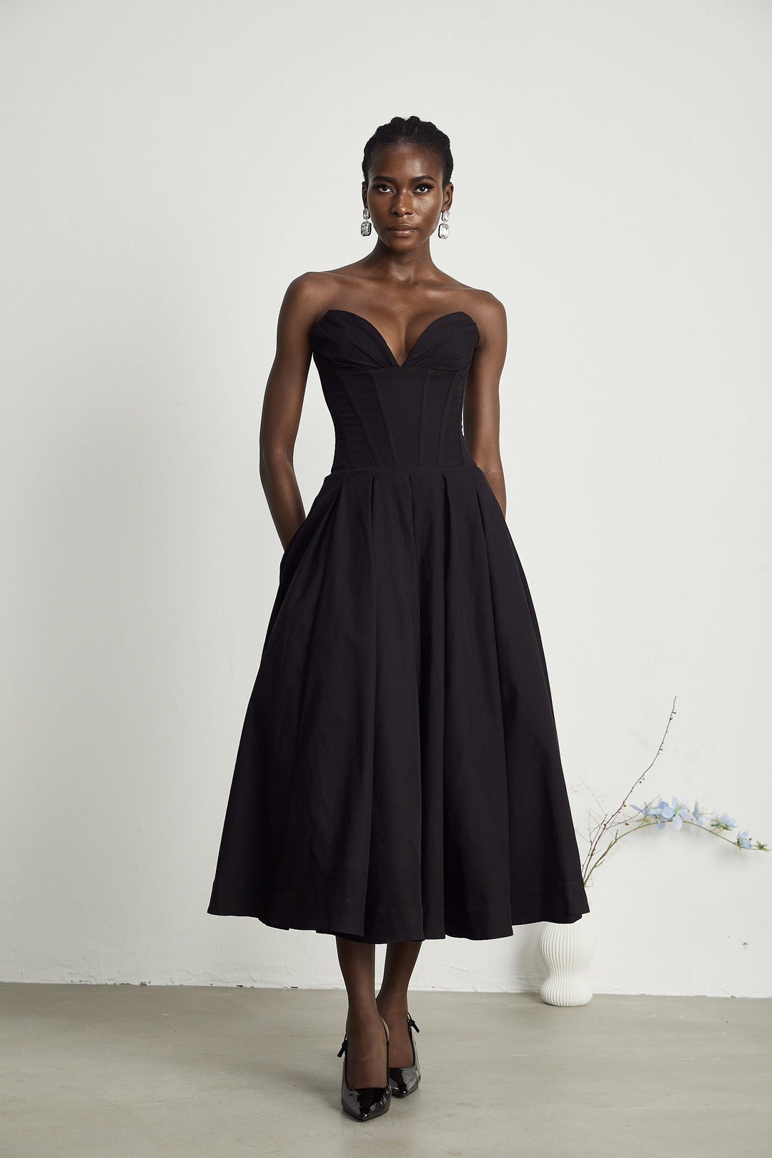 Women's Black Midi Dress – Corset Bodice Strapless Pleated
