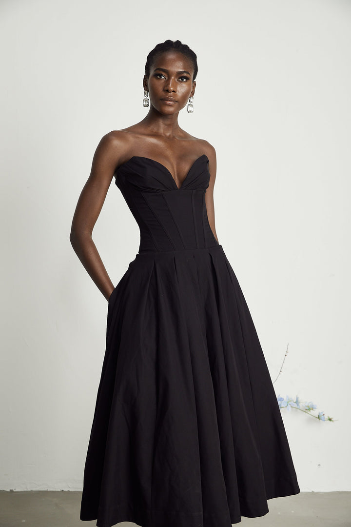 Women's Black Midi Dress – Corset Bodice Strapless Pleated