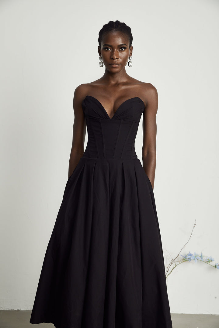 Women's Black Midi Dress – Corset Bodice Strapless Pleated