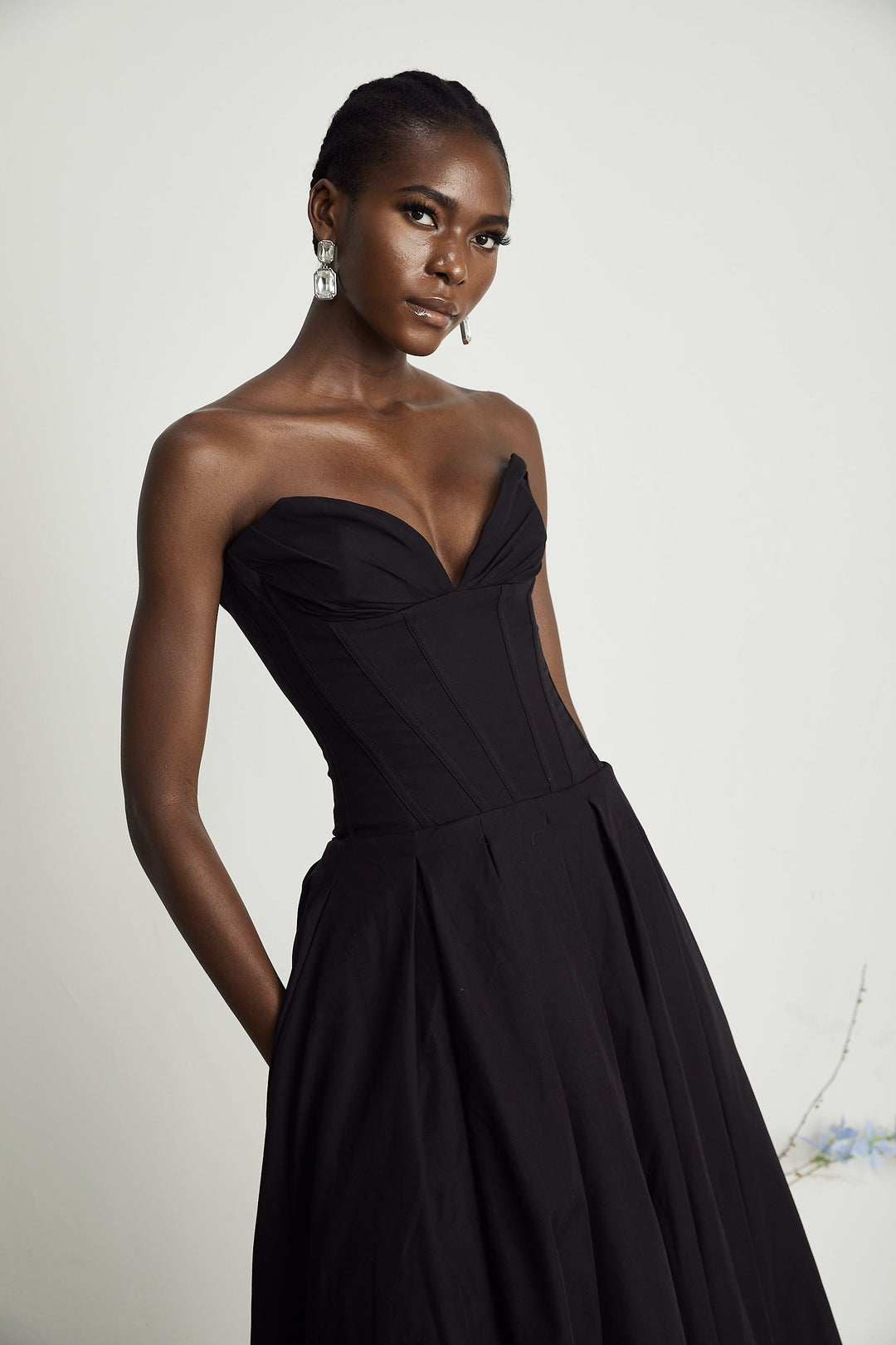 Women's Black Midi Dress – Corset Bodice Strapless Pleated