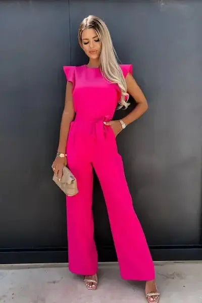 Wide-Leg Jumpsuit Women - Ruffle Sleeve Belted Summer