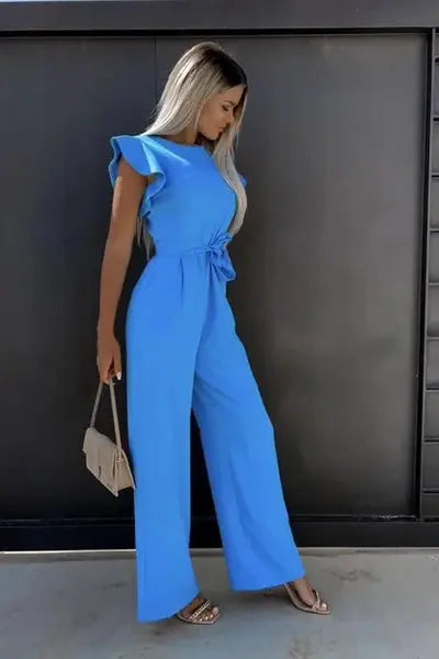 Wide-Leg Jumpsuit Women - Ruffle Sleeve Belted Summer