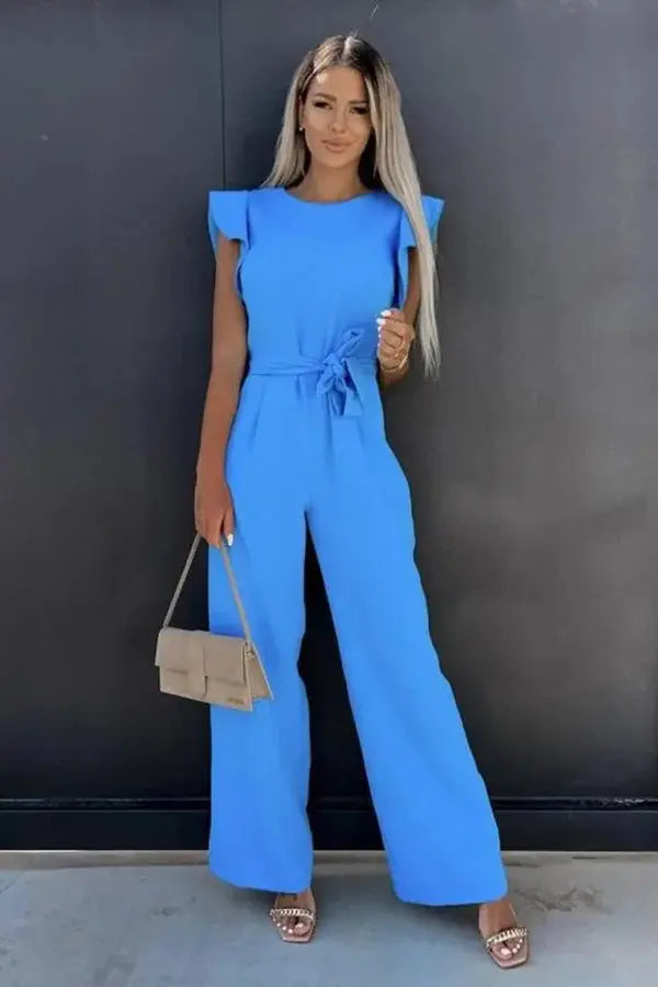 Wide-Leg Jumpsuit Women - Ruffle Sleeve Belted Summer