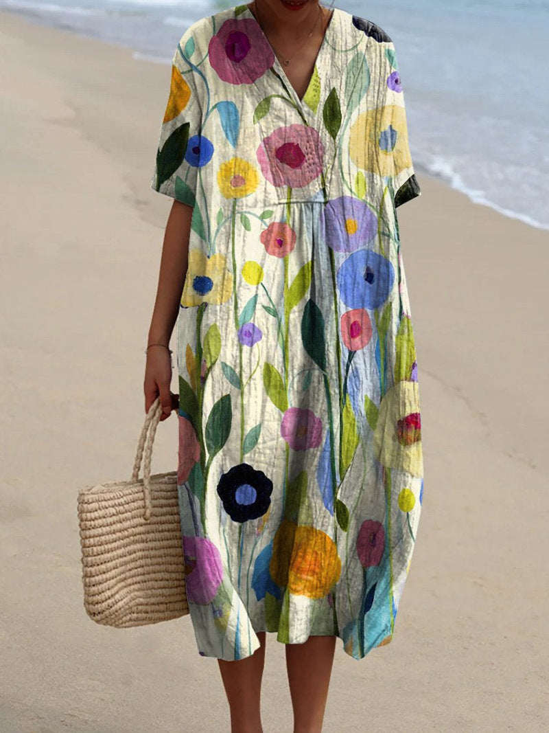 Linen Floral Midi Dress - V-Neck Summer Holiday